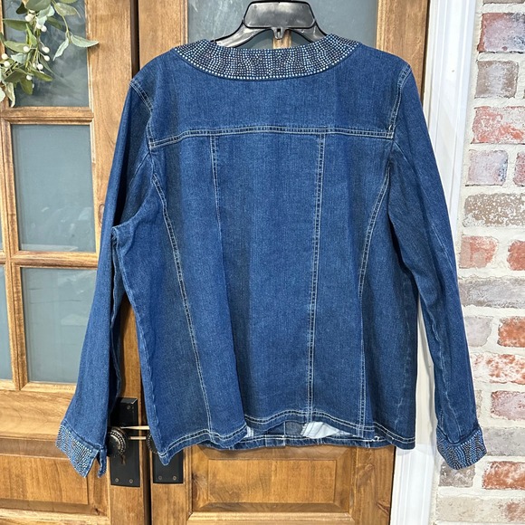 Quacker Factory Womens XL Denim Jacket Rhinestone Studded Button Front Blue Dark - Picture 2 of 8